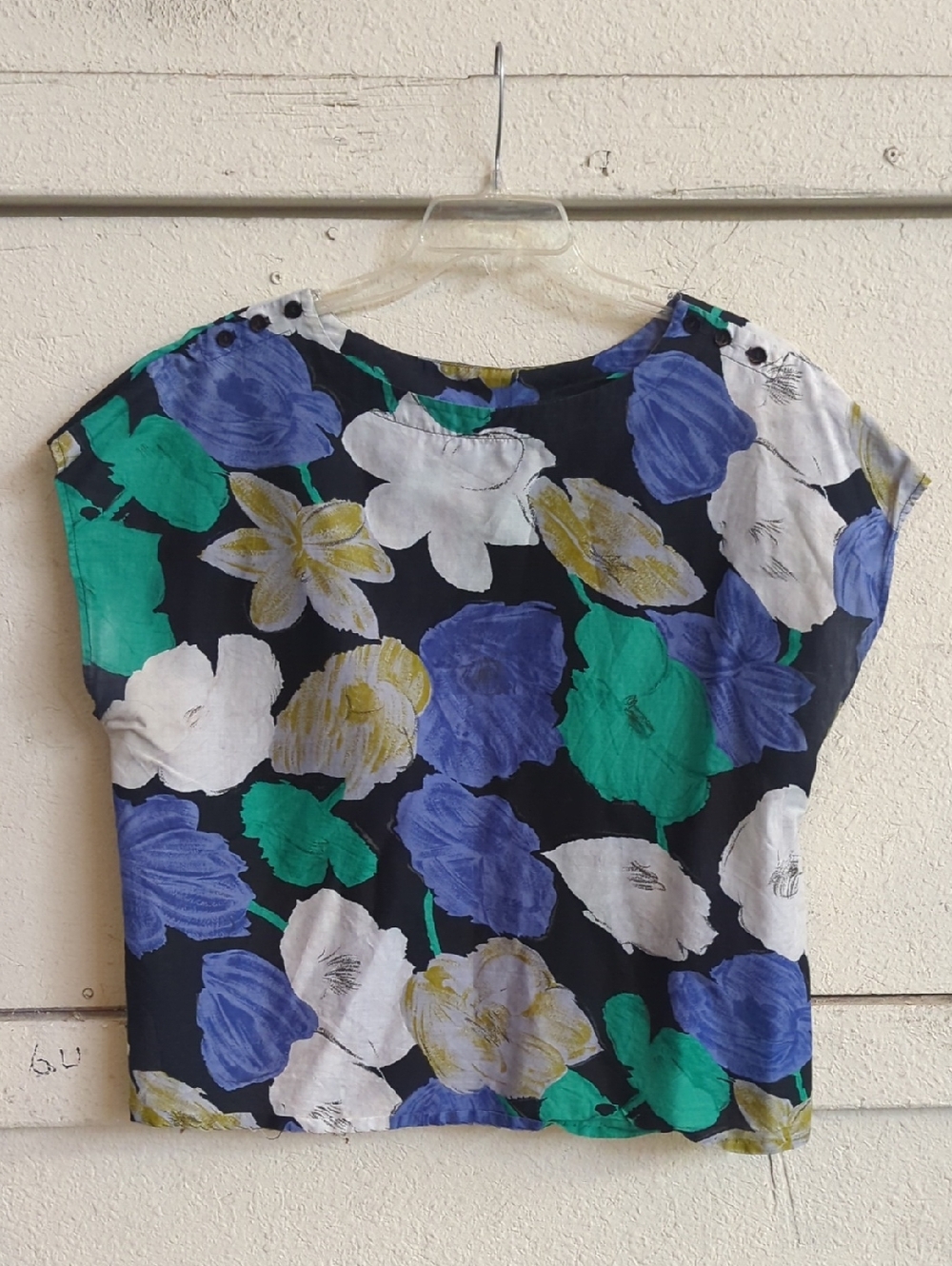 Floral Short Sleeve Top - Navy with Blue, Green & White Flowers